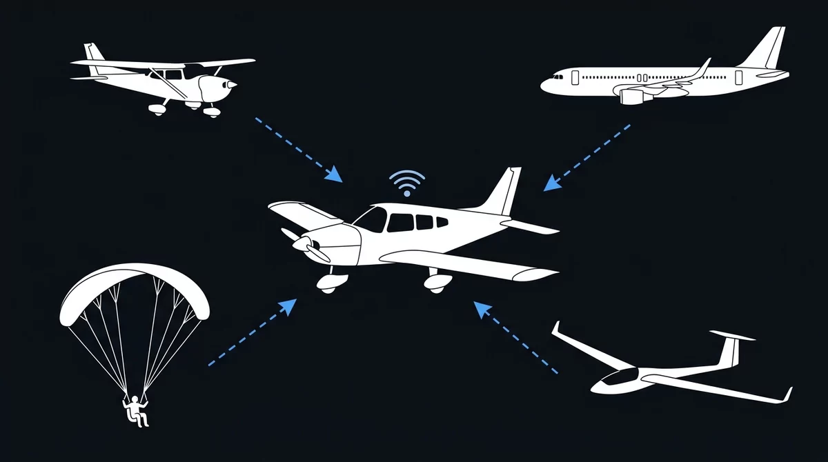 A light aircraft receiving signals from an airliner, another light aircraft, a glider and a paraglider